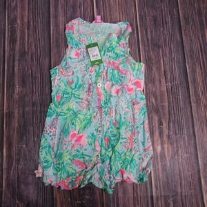 Lilly Pulitzer Shirt Womens XXS Seasalt Blue Sarasota Sleeveless Top Flamingo